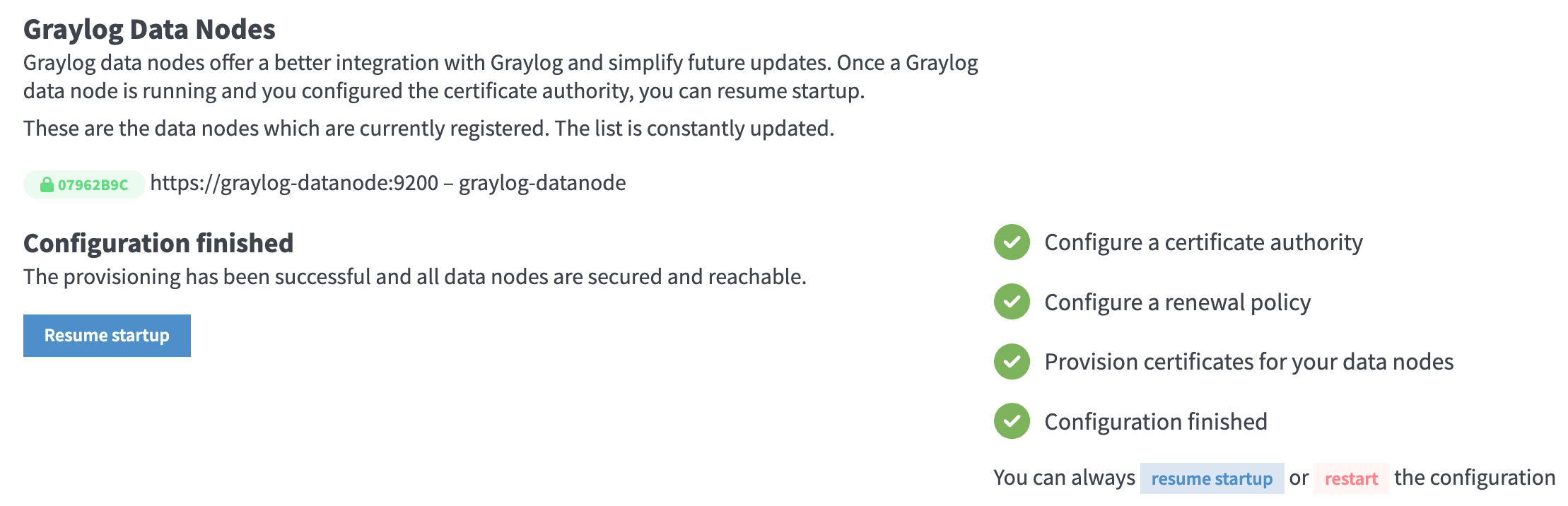 Figure 4: Graylog Data Node Preflight UI