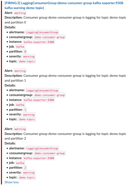 Figure 6: Slack Kafka consumer group lag alert notifications